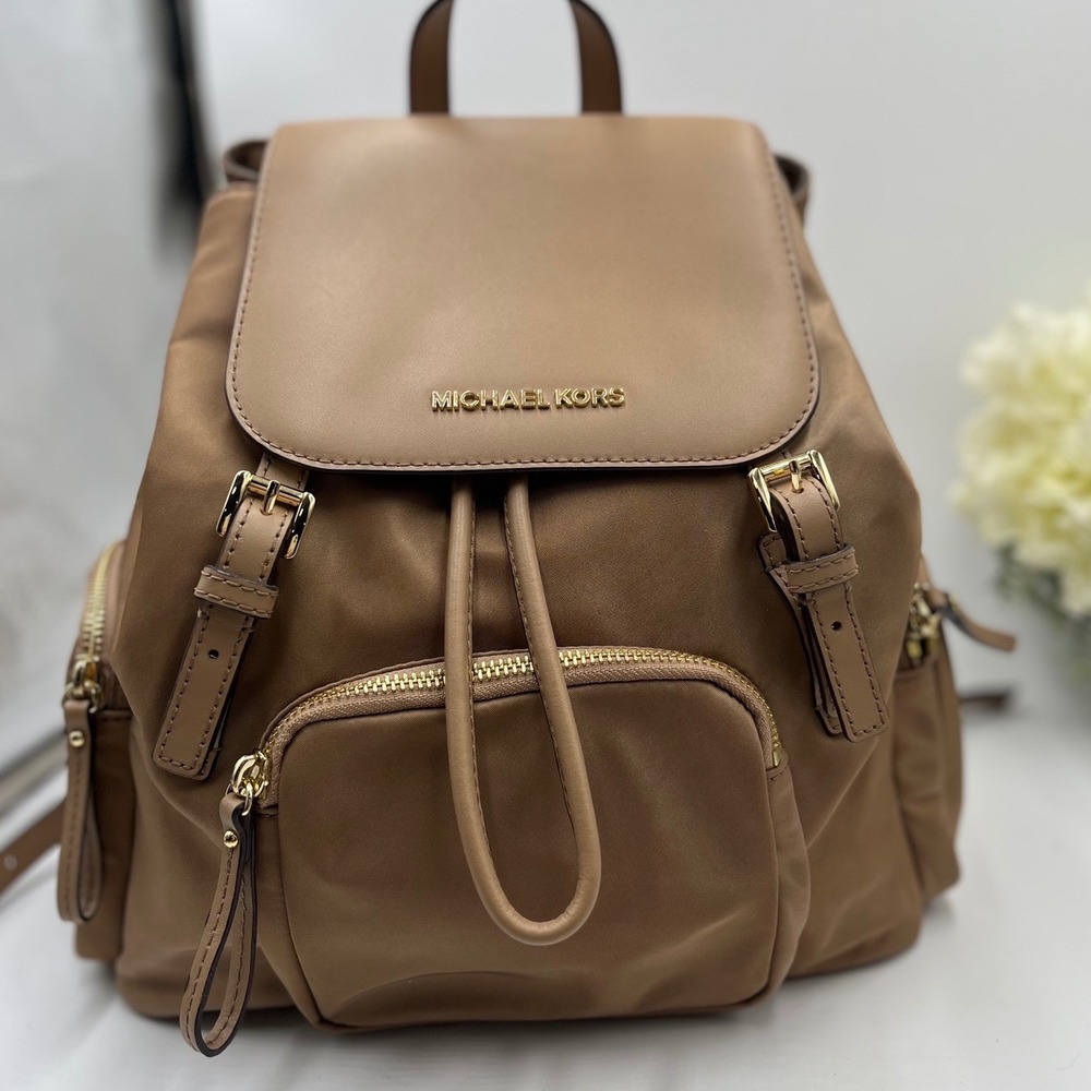 Michael Kors Abbey Cargo Brown Leather Nylon Buckle Drawstring Large Backpack
